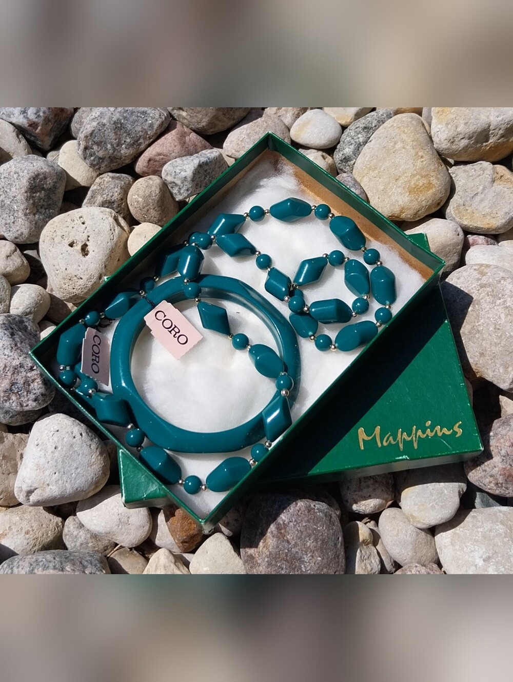 Coro Teal Bead Necklace and Bangle Set